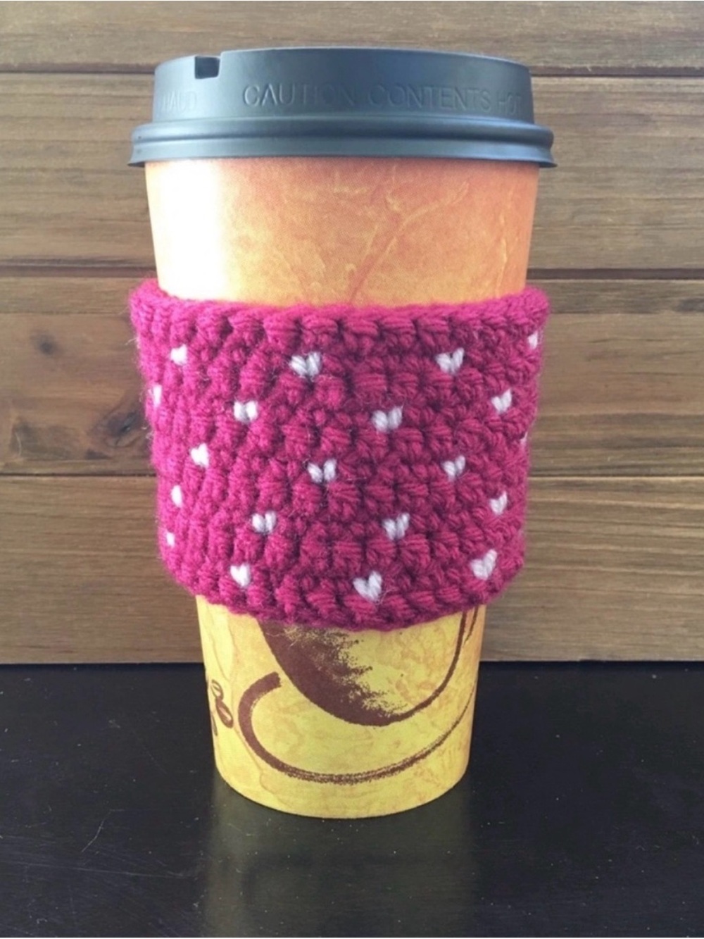 Handmade Knit Coffee Cozy - Raspberry with White Mini Hearts